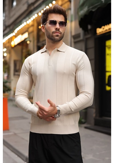 Madmext Taş Rengi Polo Yaka Slim Fit Erkek Triko Kazak E7527