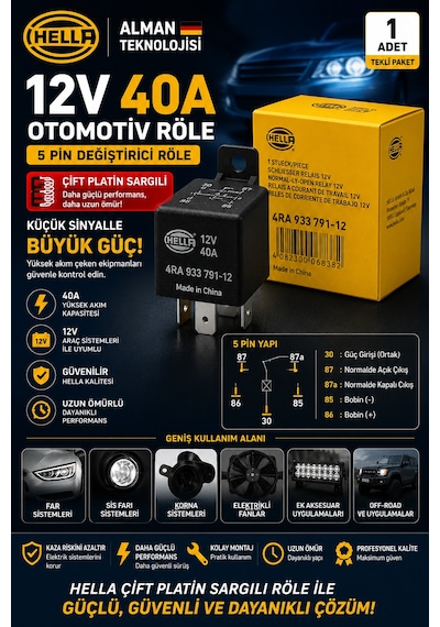 Hella 12v 40a 5 Pin Güç Rölesi 4ra 933 791-12  Kalite Far Sis Korna Fan Rölesi 1 Adet