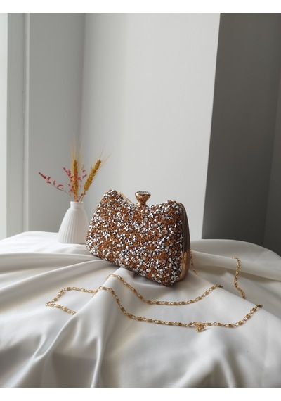 Vivazzaluxe Kristal Taşlı Kadın Abiye, Clutch Çanta Bronz