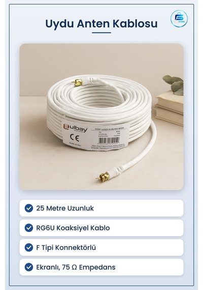 Uydu Anten Kablosu 25 M Rg6u Ω Koaksiyel F Tipi Konnektörlü Ekran