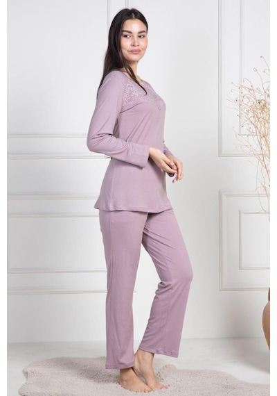 Mecit Pijama Mecit 6104 Bayan Gül Kurusu Büyük Beden Uzun Kollu Pijama Takımı Gülkurusu