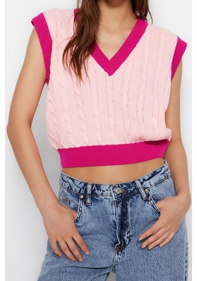 Ersefa Kadın Modern Tarz Rahat Kolsuz V Yaka Renk Bloklu Kol Crop Triko Pembe