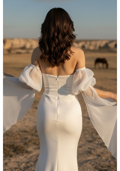 Berissima Bride Balık Nikah Elbisesi, Kırık Beyaz, Balon Portatif Kol, Kayık Yaka, Evden Çıkış Elbisesi, Ophelia Kırık Beyaz Kırık Beyaz