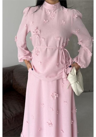 Neşeli Butik Kadın Pembe Keten Kumaş Çiçek Aplikeli Hakim Yaka Etekli Takım Nbms2629