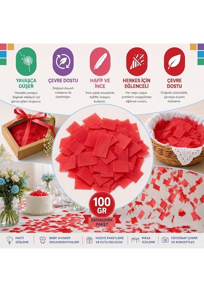 Kırmızı Konfeti Pelur 100 Gr, Parti, Düğün Süsü, Masa Süsleme Ve Tüm Yaşlar