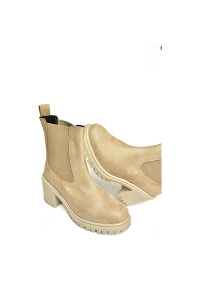 Fox Shoes T726981602 Bej Süet Lastikli Kalın Topuklu Kadın Bot Bej