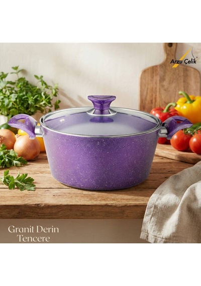 24 Cm Granit Derin Tencere Cam Kapak - Violet Violet