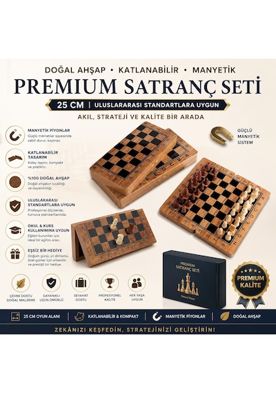 Lüks Doğal Ahşap Manyetik Satranç Takımı 25x25 Cm Katlanabilir Özel Yuvalı Premium Satranç Seti