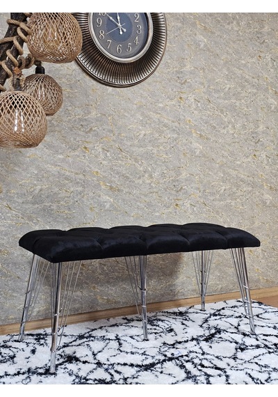 Zafir Metal Krom Tel Ayaklı 100 Cm Puf Bench - Puf - Bench - Oturak - Mutfak Oturağı - Antre Oturağı Siyah