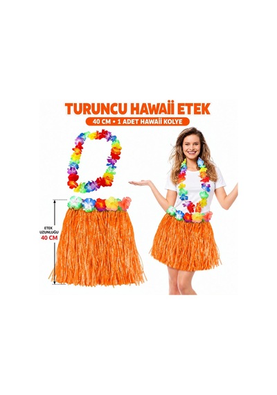 Hawaii - 411 - Luau Aloha Turuncu Püsküllü 40 Cm Etek Ve Hawaii - Metemıx - Kolye Seti