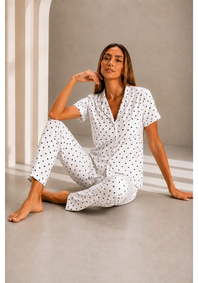 Kadın Kısa Kol Rahat Kalıp Şık Kar Beyaz Pijama Takımı