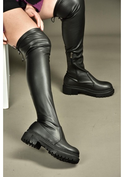 Fox Shoes V7264253 Siyah Deri Streç Kadın Çizme Siyah