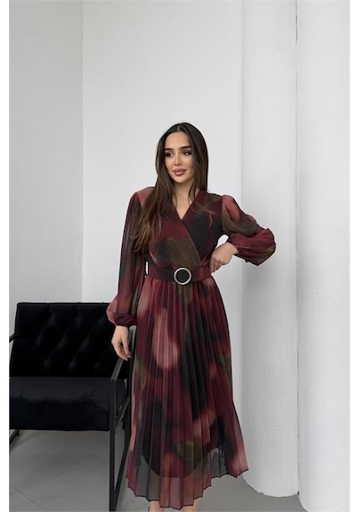 Neşeli Butik Kadın Bordo Beli Kemerli Piliseli Kruvaze Yaka Şifon Elbise Nbelb03 Bordo