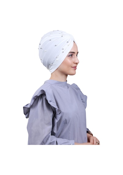 Melodi Scarf Kadın Tesettür İncili Taşlı Vera Dış Bone Beyaz Beyaz