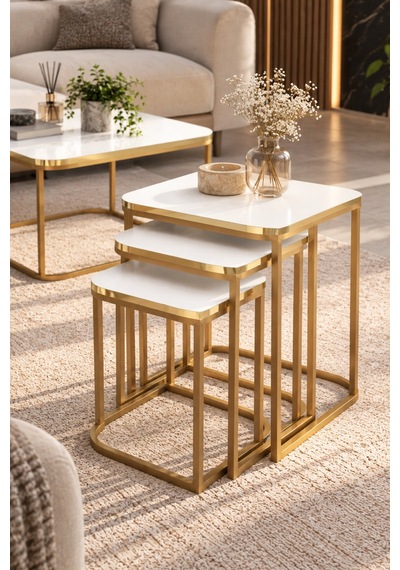 Sulorahome Damla Sehpa Seti Beyaz Ve Gold Metal Ayaklı Tablalar Beyaz Mermer / Ayaklar Gold