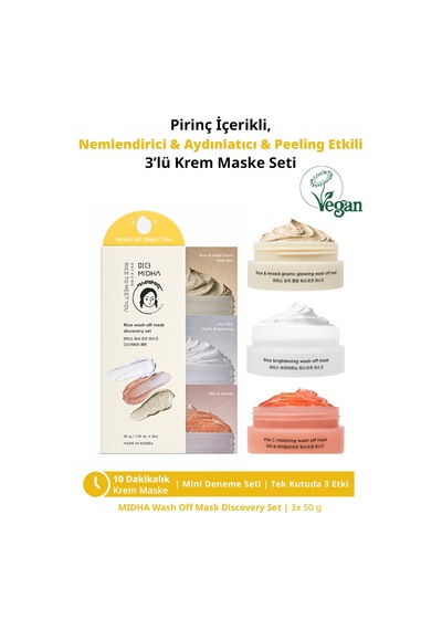 Nemlendirici Aydınlatıcı & Peeling Etkili 3lü Krem Maske Seti Mıdha Rice Wash Off Mask Discovery Set