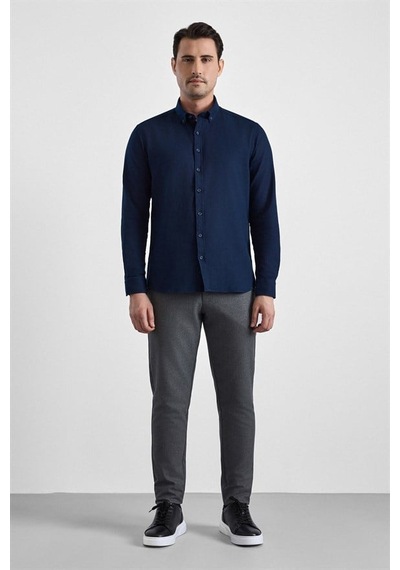 Süvari Lacivert Slim Düğmeli Yaka Düz Casual Gömlek Gm2008000264-m09