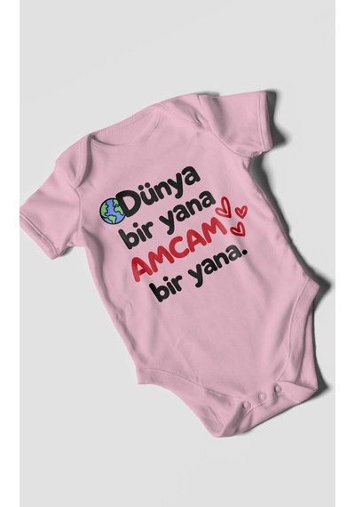 Morivokids Dünya Bir Yana, Amcam Bir Yana Kısa Kollu Bebek Body %100 Pamuk Zbn170-kk Koyu Pembe