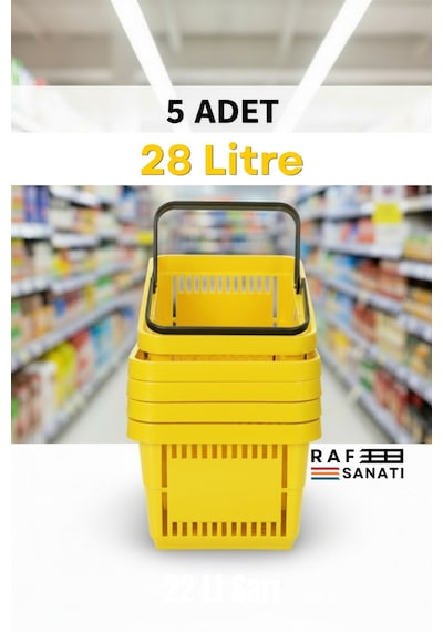 5 Adet - 28 Litre Plastik Market Alışveriş Sepeti Saplı Dayanıklı Market Mağaza El Sepeti Sarı