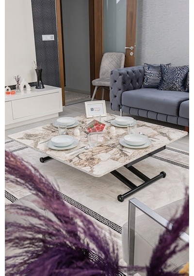 Home Üst Tabla Mdf Beyaz Mermer Oval Köşe Alt Ayak Siyah
