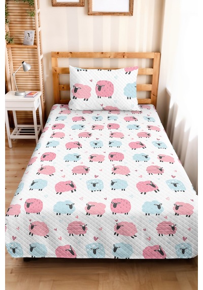 Evimde Bambaşka Pembe Mavi Kuzu Çocuk Odası Dekoratif Pike Takımı-sevimli Pudra Bebek Odası Yatak Örtüsü-160x220  CM