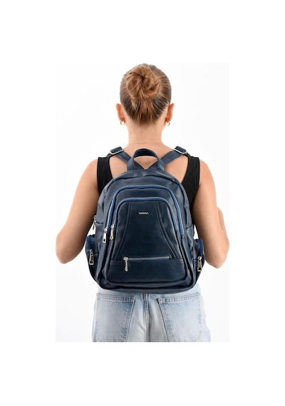 Baginn Suni Deri Kadın Sırt Çantası 35 25 Cm Mega Bag Günlük Kullanıma Uygun Çok Cepli İçi Astarlı Lacivert