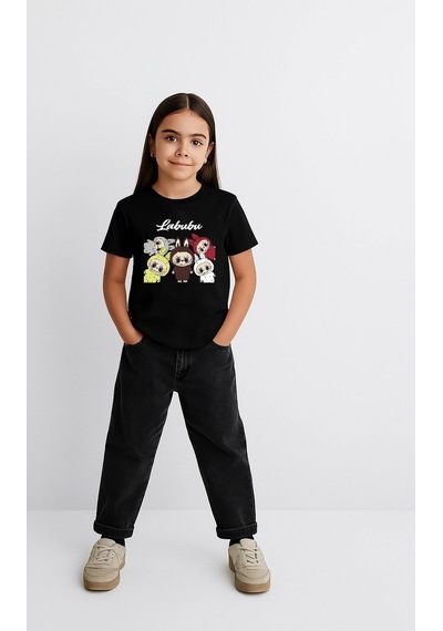 Barlashive Kız Labubu Çocuk Baskılı T-shirt - Siyah Çok Renkli