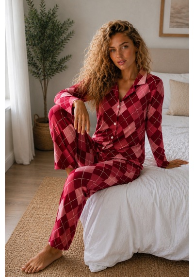 Kadın Örme Gömlek Yaka Kırmızı Pijama Takımı