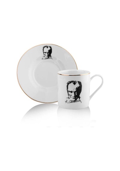 Porselen 2 Kişilik Türk Kahve Fincan Seti Atatürk Desenli İmzalı