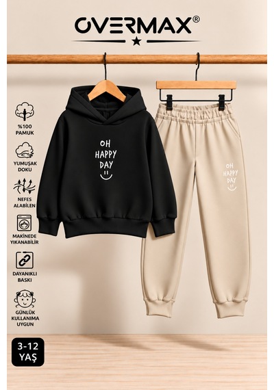 Overmax Oh Happy Day Baskılı Kapüşonlu Sweatshirt Eşofman Takımı- 3-12 Yaş Siyah-bej - 923908694 Siyah-bej