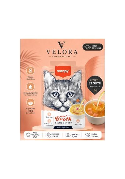 Wanpy Meat Broth Somon & Ton Balıklı Kedi Çorbası 50g - Tahılsız Sıvı Ek Gıda, Tüy Ve Deri Desteği - 885813056