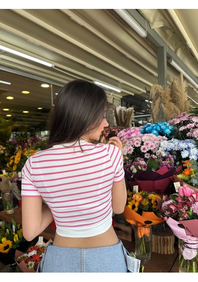 Fuşya Çizgili Manşet Detay T-shirt Çok Renkli