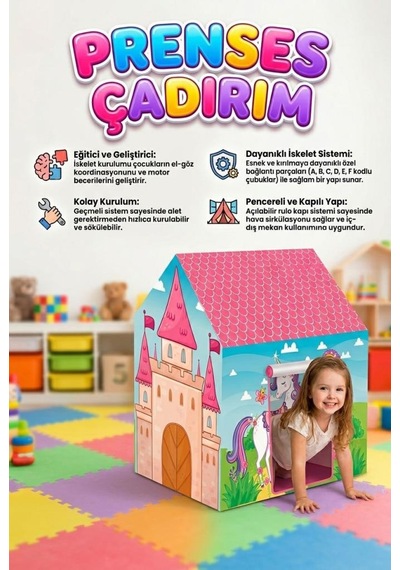 Prenses Ve Unicorn Temalı 100x70cm Kolay Kurulum Dayanıklı Çocuk Oyun Çadırı Çok Renkli