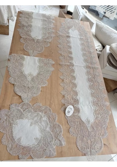 Salon Takımı Angel Çeyizlik Kreme Gold Runner Set 5 Parça Keten Ranır Masa Sehpa Konsol Örtüsü Çok Renkli