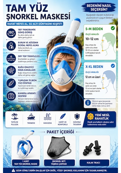 Tam Yüz Şnorkel Maske Panoramik Görüş Dry Top Sistem Dalış & Deniz Maskesi Anti-fog Su Geçirmez Snorkel Seti Açık Mavi