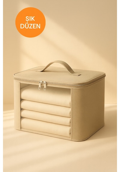 Mor Şeffaf Kapaklı Hurç 28x32x15 Cm Orta Boy Dolap İçi Kıyafet Ve Havlu Düzenleyici Altın