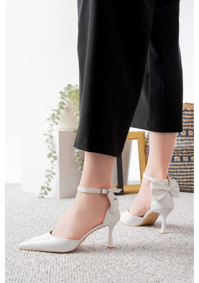 V.s.h Velvet Kadın Fiyonklu Abiye Rugan Topuklu 7cm Şık Ayakkabı-2240 Beyaz