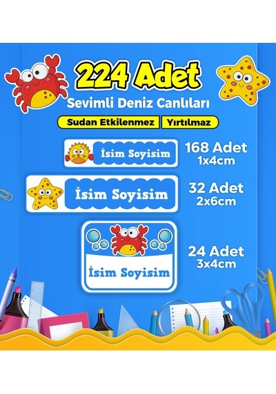 Sevimli Deniz Canlıları Temalı Okul Kreş Kişiye Özel İsim Etiket Seti - Model 136 Çok Renkli