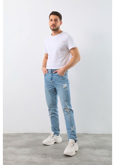 Blue White Erkek Yırtık Detaylı Jean Pantolon Mavi