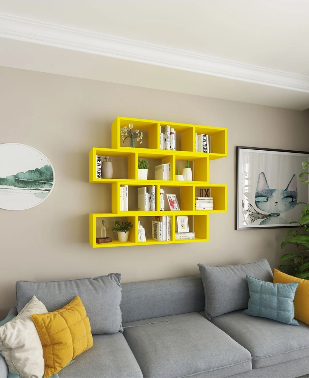 Kitaplık Modern Duvar Rafı Salon Yatay 4 Lü Takım Sarı Sarı
