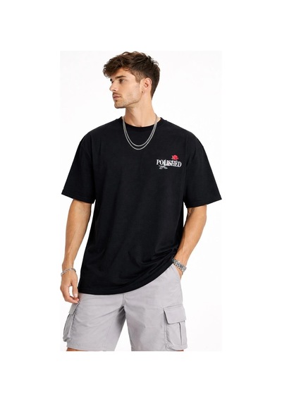 Erkek Bisiklet Yaka Baskılı Kısa Kollu Tişört Streetwear Günlük Basic Pamuklu T-shirt - Siyah Siyah