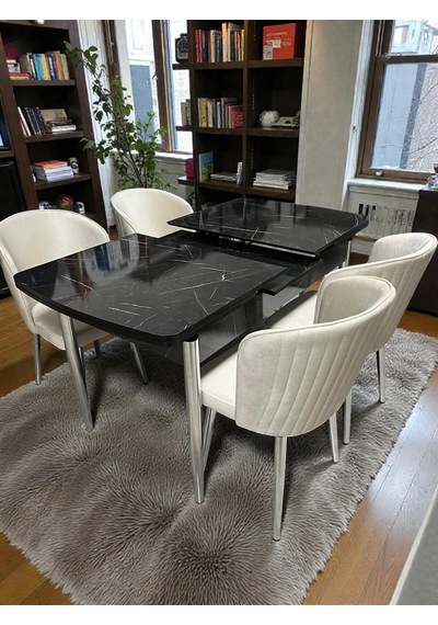 Msy Home 4 Kişilik Exclusive Kelebek Black Marble Krom Ayaklı Modern Yemek Odası Grubu 050922 Bej