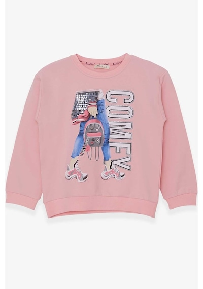 Kız Çocuk Sweatshirt Pullu Baskılı Pudra (9-14 Yaş)