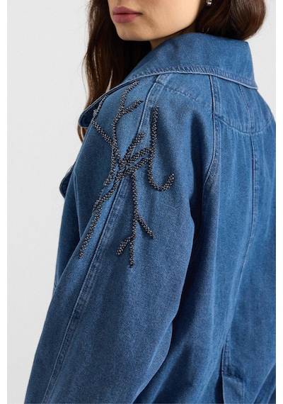 Olcay Kolu Boncuk İşlemeli Astarsız Denim Ceket Mavi 8283