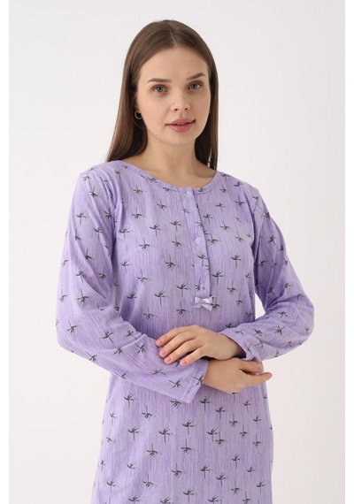 Yasar Underwear Kadın %100 Pamuk Desenli Uzun Kollu Yarım Pat Düğmeli Rahat Kesim Gecelik Lila Lila