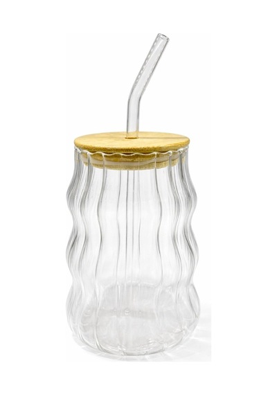 Linea Wave Bambu Kapaklı Cam Pipetli Bardak 450 Ml Dalga Desenli Şeffaf