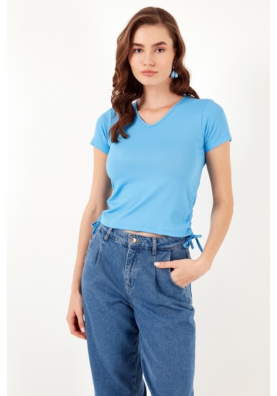 Lela Slim Fit V Yaka Yanları Büzülebilir Bayan Bluz 5864011 Mavi