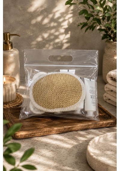 Zero/o Seyahat Bakım Seti Şeffaf Kilitli Poşetli 7 Parça Şampuan + Duş Jeli 40ml + Yüz Sabunu 28gr + Oval Kabak Lif