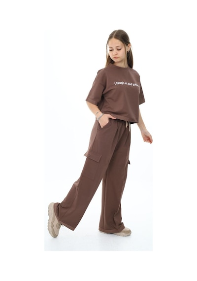 Kız Çocuk %100 Pamuk Oversize Kargo Cepli Yarım Kol Alt-üst Eşofman Takım-eşt-0016 Kahve