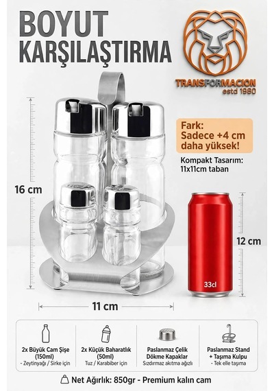 4'lü Paslanmaz Çelik Stantlı İçi Cam Yağlık Sirkelik Tuzluk Biberlik Seti Menaj Takımı 723501 Diğer